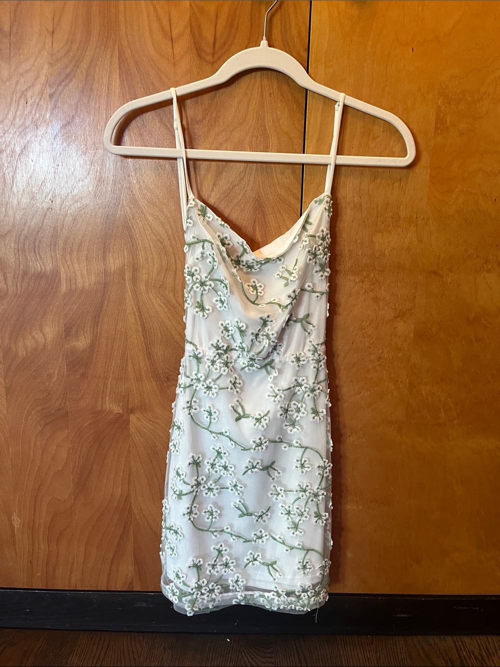 Lucy in the Sky White Mini Dress with Light Green Floral Embroidery